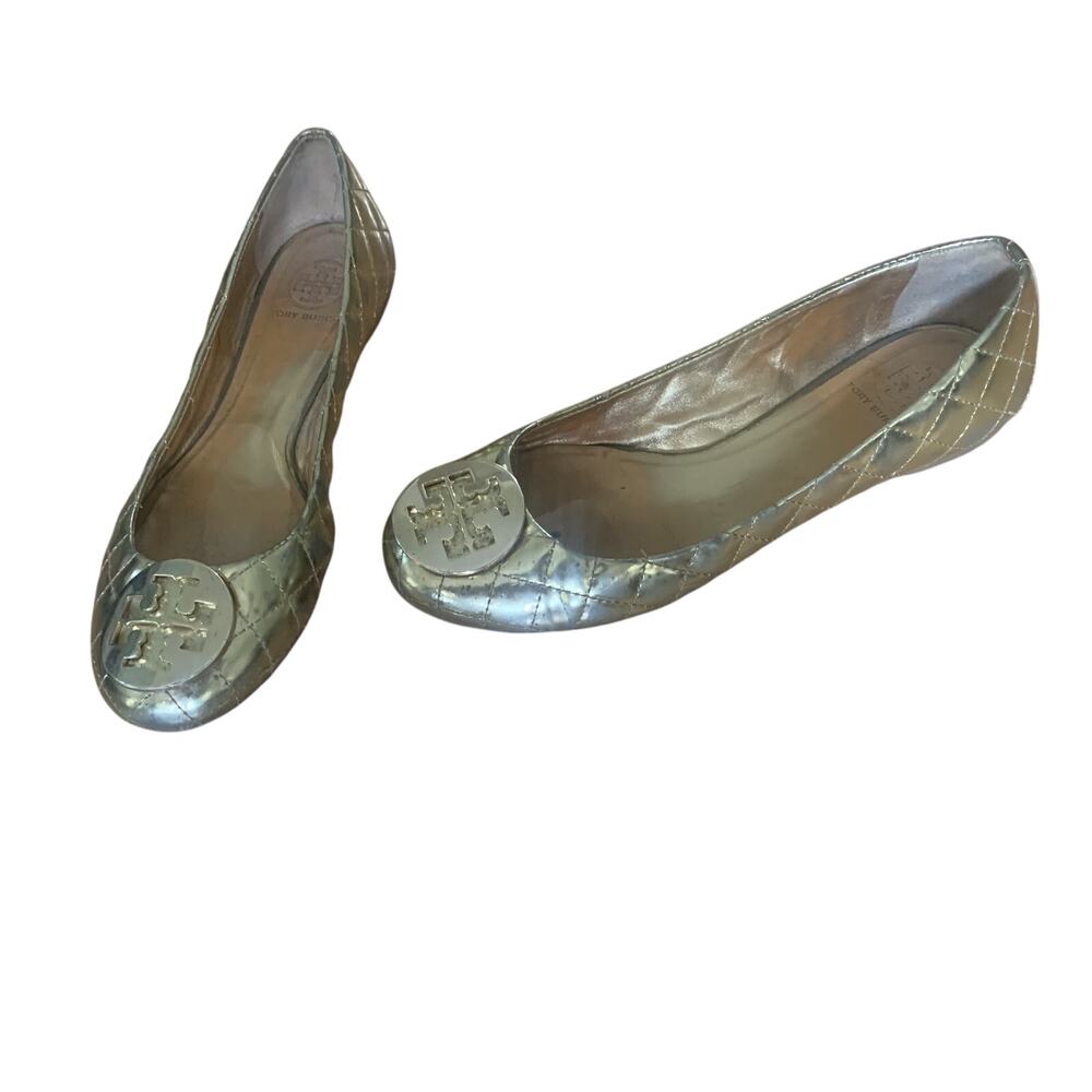TORY BURCH QUINN QUILTE GOLD PATENT LEATHER BALLET FLATS SIZE 8.5M